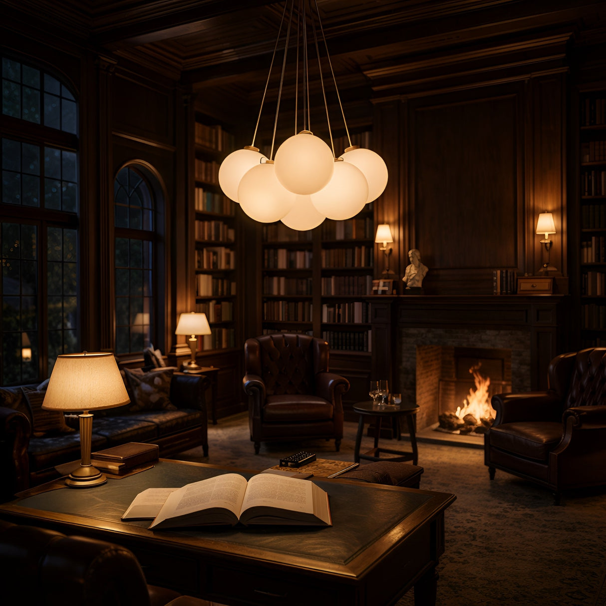 Cozy library with leather chairs, bookshelves, a lit fireplace, and the Auriel 7 Light Alabaster Chandelier in Soft White & Brushed Brass glowing overhead. An open book lies on a large wooden table in the foreground.