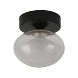 The Galaxy 1 Light Wall/Flush Ceiling Light - Black & White features a round black base and clear glass globe, offering a retro look with its stylish black and white design and a white bulb inside.