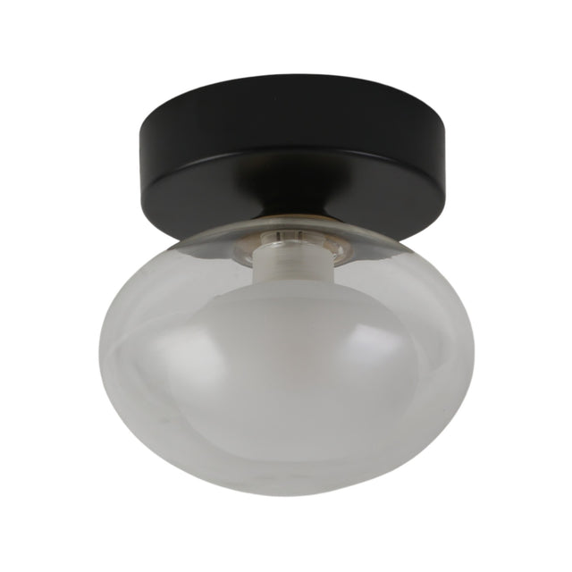 The Galaxy 1 Light Wall/Flush Ceiling Light - Black & White features a round black base and clear glass globe, offering a retro look with its stylish black and white design and a white bulb inside.