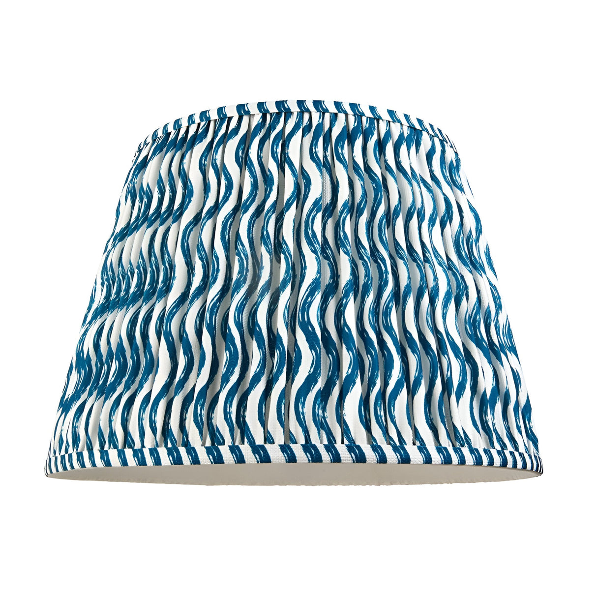 Brackmont Ripple Pendant tapered fabric shade in blue and white wavy print with pleated taped edges, shown on a plain white background.