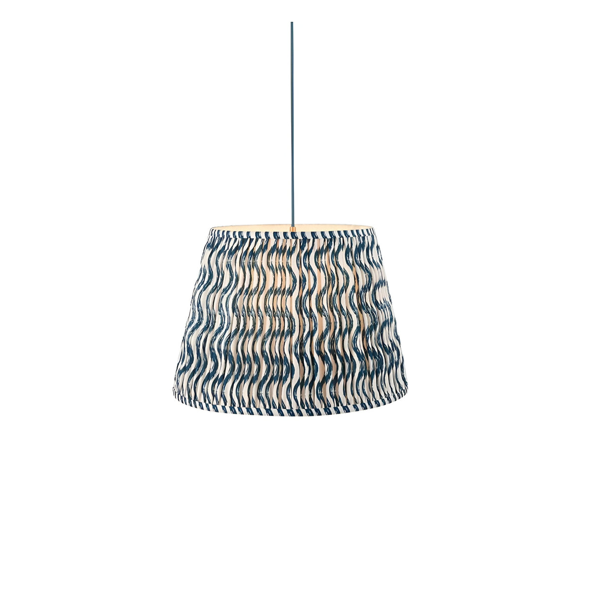 Brackmont Ripple Pendant in blue, single-light fixture with a gathered, tapered fabric shade in a wavy print and blue cable, shown on a plain white background.