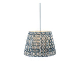Brackmont Ripple Pendant in blue, single-light fixture with a gathered, tapered fabric shade in a wavy print and blue cable, shown on a plain white background.