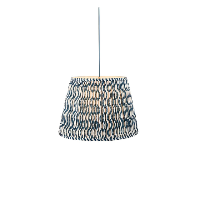 Brackmont Ripple Pendant in blue, single-light fixture with a gathered, tapered fabric shade in a wavy print and blue cable, shown on a plain white background.