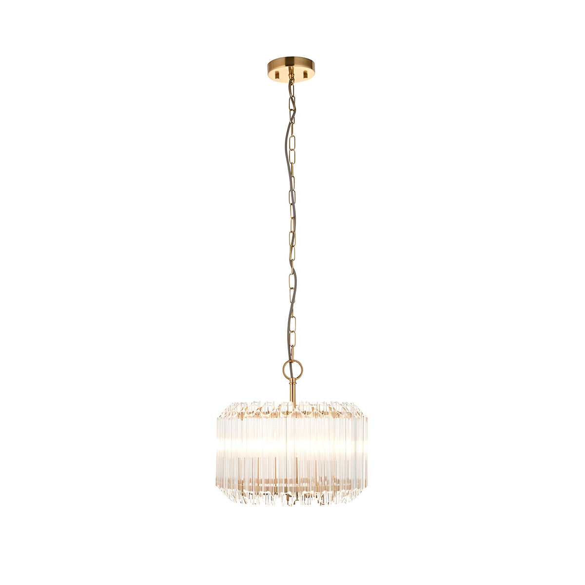 Endon Danebury 3 light pendant in brushed brass with tiered clear glass rods, suspended from a chain with grey braided flex on a white background.