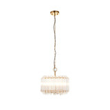 Endon Danebury 3 light pendant in brushed brass with tiered clear glass rods, suspended from a chain with grey braided flex on a white background.