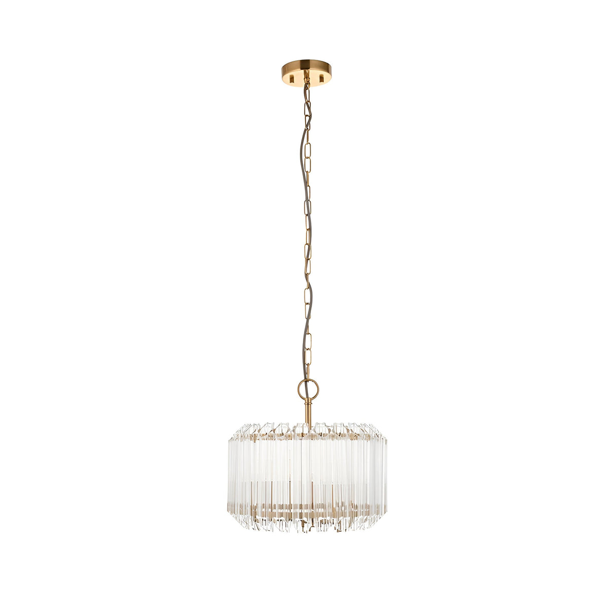 Endon Danebury 3 light pendant with tiered clear glass rods around a brushed aged brass frame, suspended on a chain with grey braided flex.
