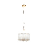 Endon Danebury 3 light pendant with tiered clear glass rods around a brushed aged brass frame, suspended on a chain with grey braided flex.