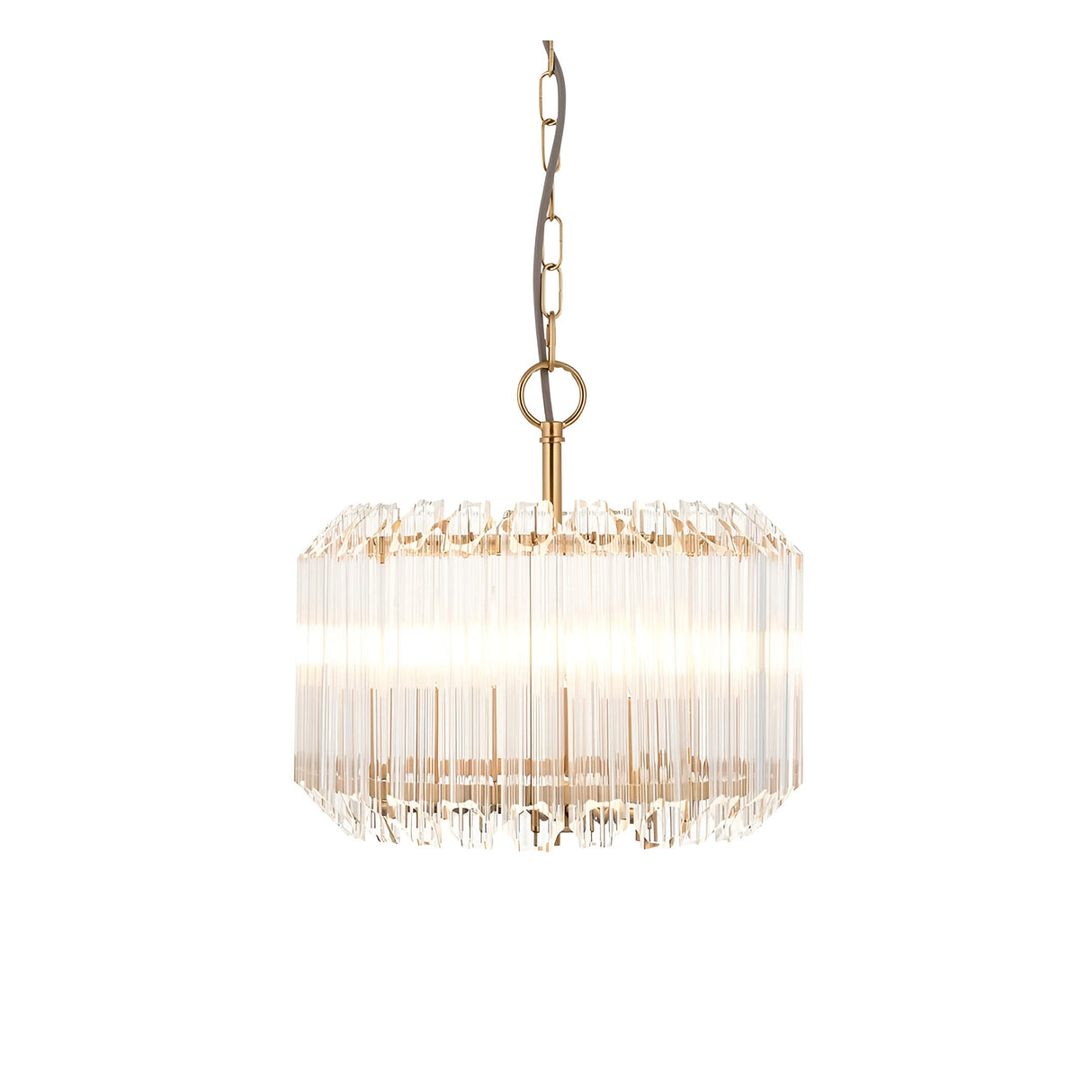 Endon Danebury 3 light pendant with tiered clear glass rods around a brushed brass frame, suspended from a chain with grey braided flex.