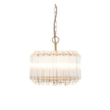 Endon Danebury 3 light pendant with tiered clear glass rods around a brushed brass frame, suspended from a chain with grey braided flex.