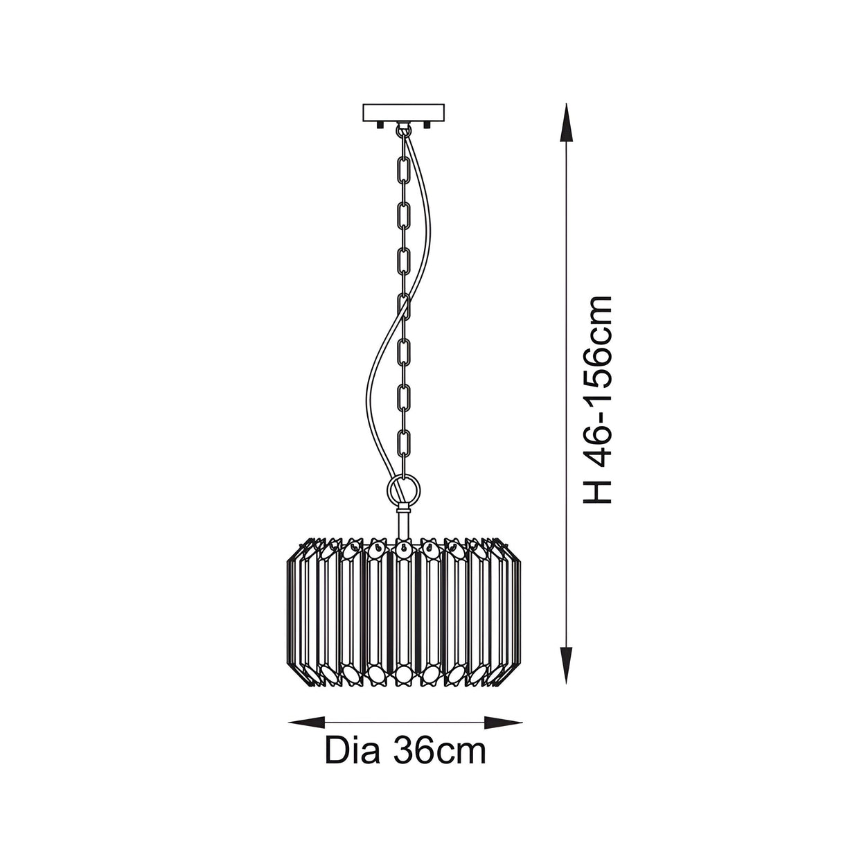 Dimension diagram of Endon Danebury 3 Light Brass Pendant showing 36cm diameter shade with vertical glass rods and adjustable 46-156cm chain drop.