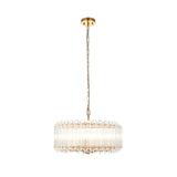 Endon Danebury 5 light pendant with brushed aged brass frame and vertical clear crystal rods, suspended from a chain on a plain white background.