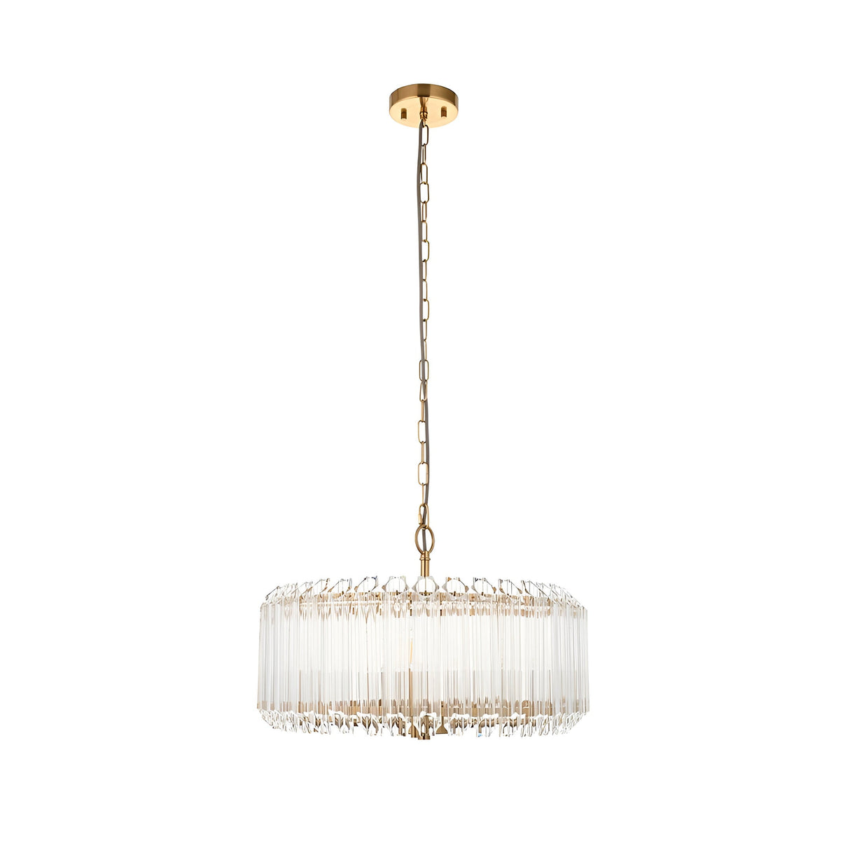 Endon Danebury 5 light pendant in brushed aged brass with tiered clear crystal rods, suspended from a chain and ceiling rose on a white background.