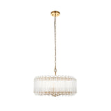 Endon Danebury 5 light pendant in brushed aged brass with tiered clear crystal rods, suspended from a chain and ceiling rose on a white background.