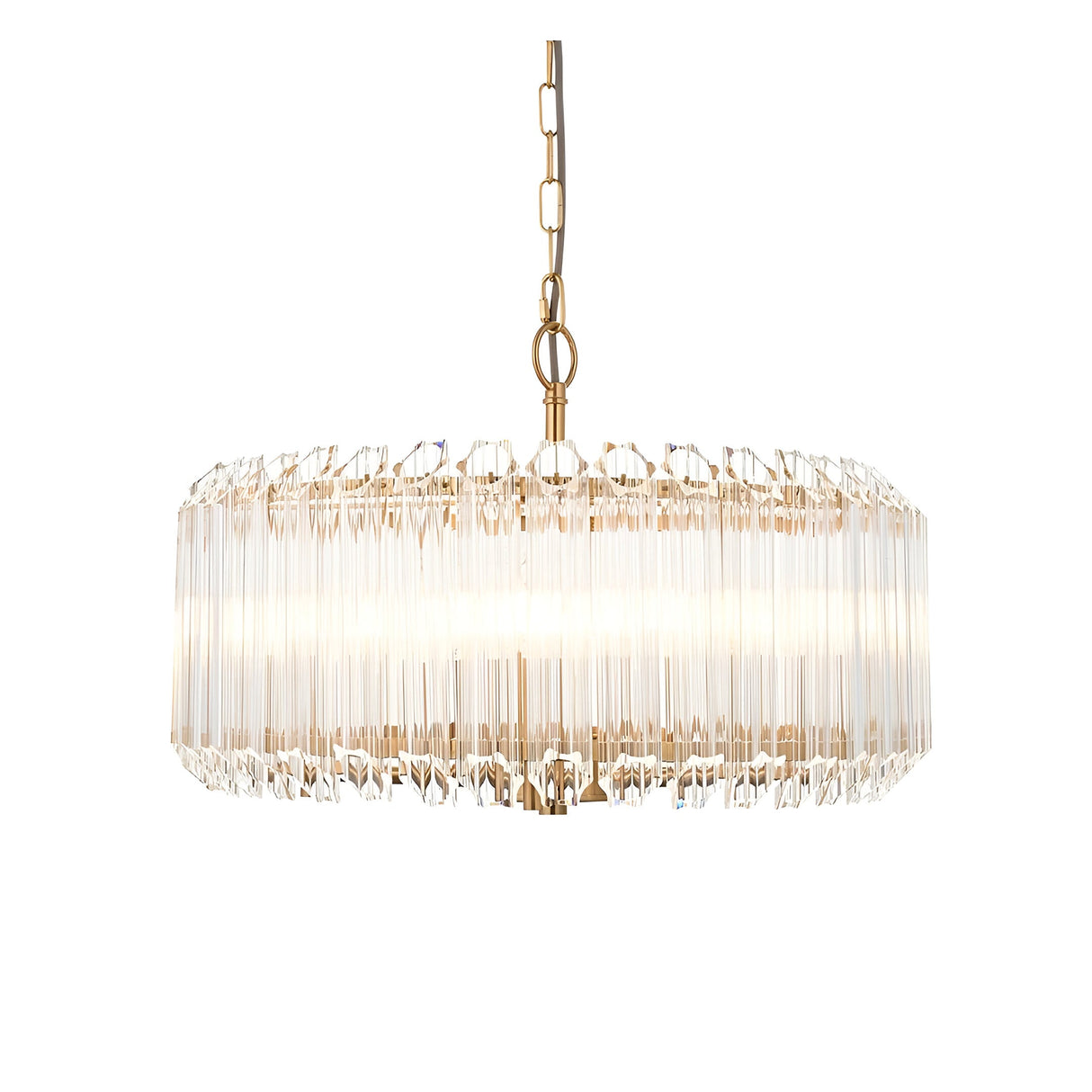 Endon Danebury 5 light pendant in aged brass with a wide drum frame of clear cut crystal rods, suspended from a chain on a plain background.