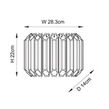 Technical dimension diagram of the Endon Danebury brass wall light showing 28.3cm width, 22cm height and 14cm depth.