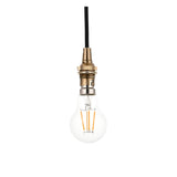 Endon Brackmont Flex Set pendant light in brushed aged brass with black braided cable and exposed B22 LED filament bulb on a white background.