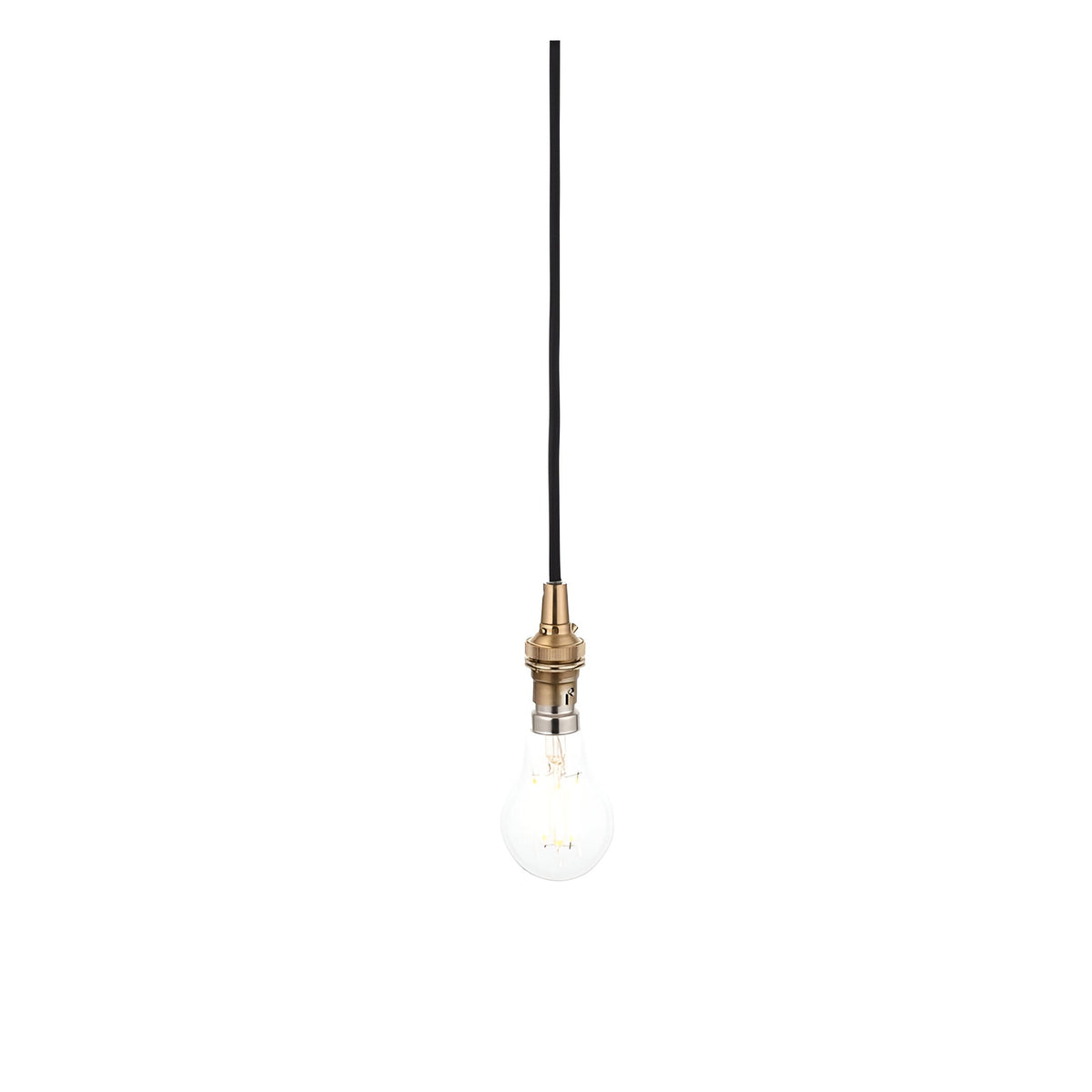 Endon Brackmont Flex Set pendant light in brushed aged brass with black braided fabric cable and exposed B22 bulb on a plain white background.