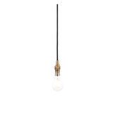 Endon Brackmont Flex Set pendant light in brushed aged brass with black braided fabric cable and exposed B22 bulb on a plain white background.