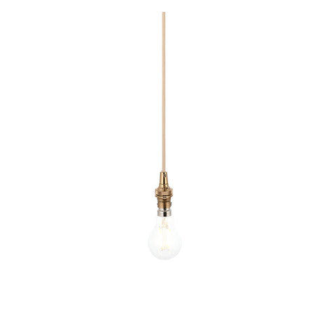 Endon Brackmont Flex Set pendant light with brushed aged brass B22 fitting, natural braided fabric cable, and exposed bulb on a white background.