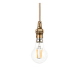 Endon Brackmont pendant flex set with brushed aged brass B22 lampholder, natural braided fabric cable and exposed LED filament bulb on a white background.