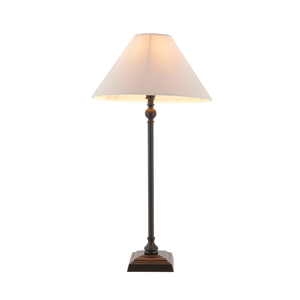 Endon Caldmont table lamp with slim matt black turned metal column, stepped square base and tapered natural linen shade, on a plain white background.