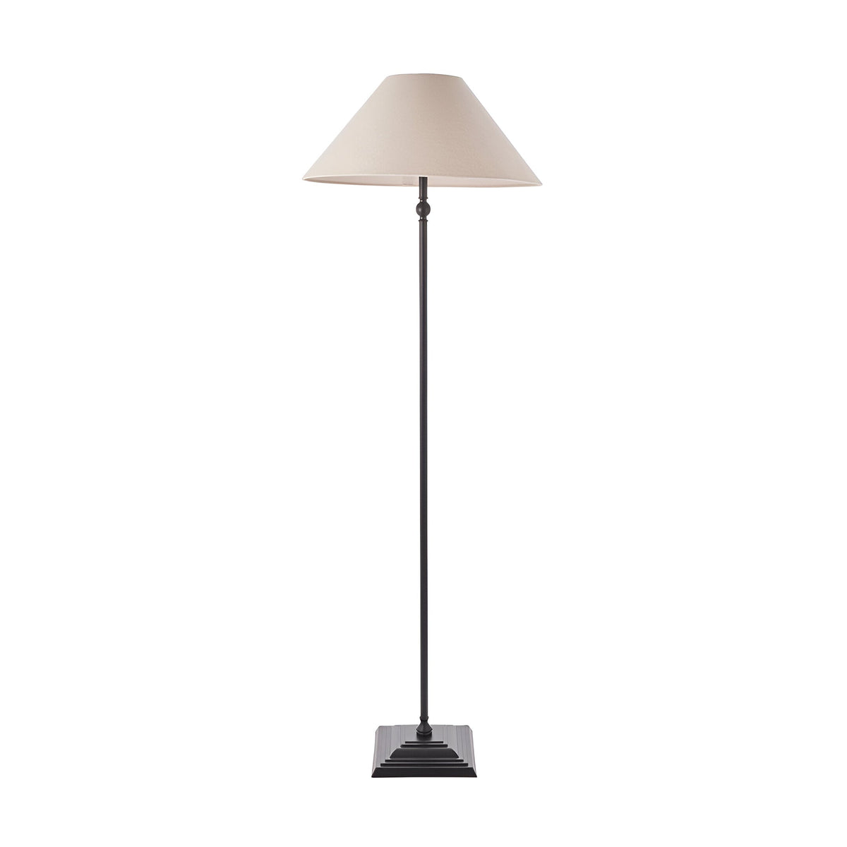 Endon Caldmere floor lamp with a tapered natural linen shade, slim matt black metal stem and stepped square base, shown on a plain white background.