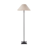 Endon Caldmere floor lamp with a tapered natural linen shade, slim matt black metal stem and stepped square base, shown on a plain white background.