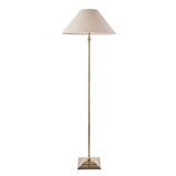 Endon Caldmere floor lamp in antique brass with a tapered natural linen shade on a stepped square base, shown against a plain white background.