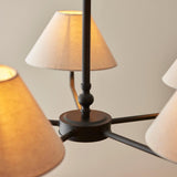 Close-up of Endon Caldmere 5 Light Large Pendant in black and natural, showing the matt black central hub, arms, and tapered linen shades.