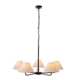 Endon Caldmere 5 Light Large Pendant in black with five tapered natural linen shades on a wide frame, suspended from a chain, on a white background.