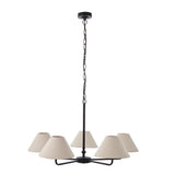 Endon Caldmere 5 Light Large Pendant in black with chain suspension and five tapered natural linen shades on a wide frame, shown on a white background.