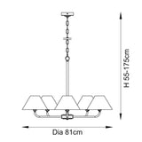 Dimension diagram of the Endon Caldmere 5 light large pendant showing 81cm diameter frame and adjustable 55-175cm height on a white background.