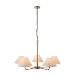Caldmere 5 Light Large Pendant in brass, with five tapered natural linen shades on splayed arms, hung from a chain on a plain white background.