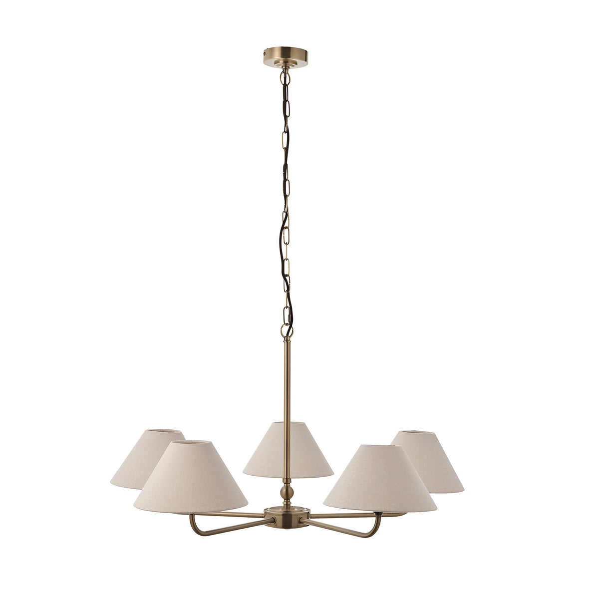 Caldmere 5 Light Large Pendant in brass, with five tapered natural linen shades on a wide splayed frame and chain suspension, shown on a plain white background.