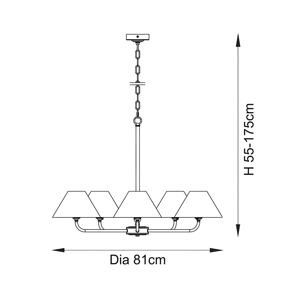 Line drawing of the Caldmere 5 Light Large Pendant with brass frame, five tapered natural shades, chain suspension; 81cm diameter, 55-175cm height.