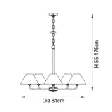 Line drawing of the Caldmere 5 Light Large Pendant with brass frame, five tapered natural shades, chain suspension; 81cm diameter, 55-175cm height.
