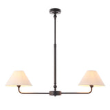 Endon Caldmere 2 Light Pendant in black with a telescopic stem and linear bar holding two tapered natural linen shades, shown on a white background.