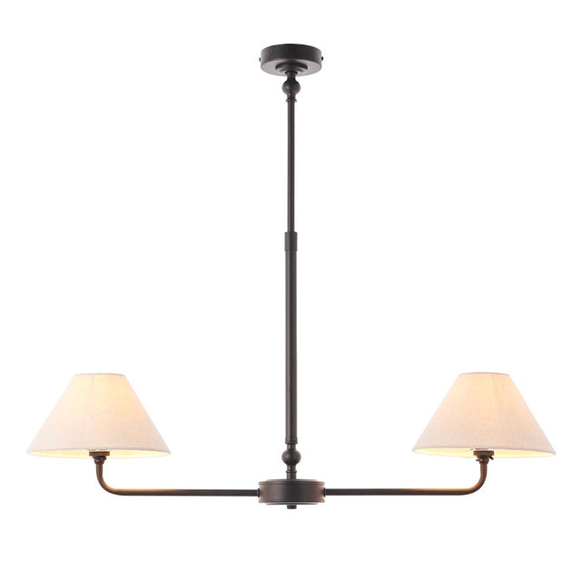 Endon Caldmere 2 Light Pendant in black with a telescopic stem and linear bar holding two tapered natural linen shades, shown on a white background.