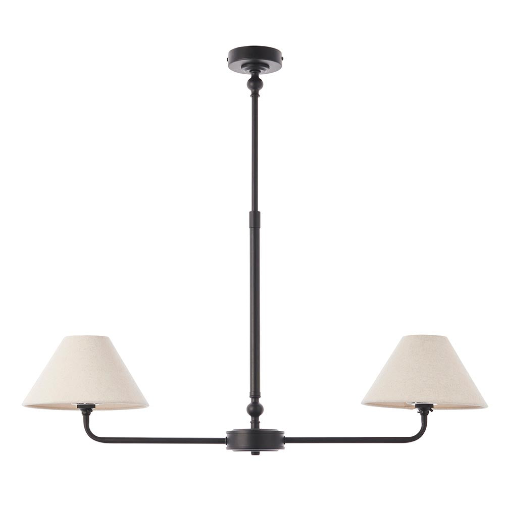 Endon Caldmere 2 light pendant with tapered natural linen shades on a linear bar and telescopic stem in matt black, on a white background.