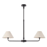Endon Caldmere 2 light pendant with tapered natural linen shades on a linear bar and telescopic stem in matt black, on a white background.