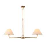 Caldmere 2-light pendant with brass finish, telescopic stem, and two tapered natural linen shades on a horizontal bar, shown on a plain white background.