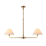 Caldmere 2-light pendant with brass telescopic stem and dual tapered natural linen shades on a horizontal bar, shown on a plain white background.