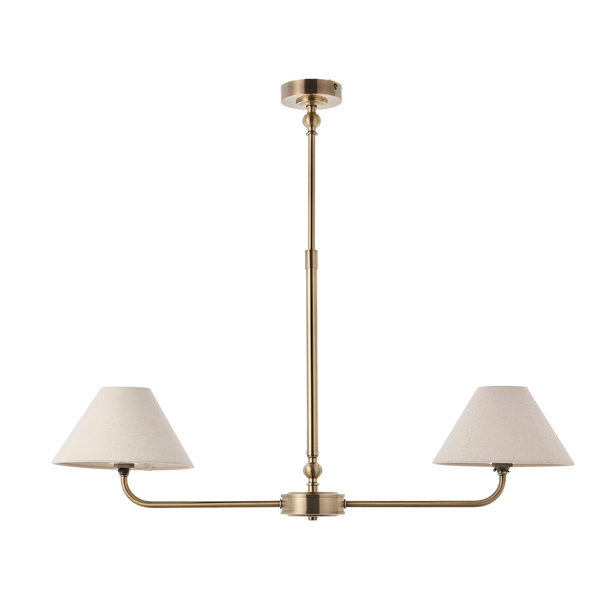 Caldmere 2-light pendant with brass finish and linear bar, two tapered natural linen shades, telescopic stem and ceiling rose, shown on a white background.