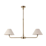 Caldmere 2-light pendant with brass finish and linear bar, two tapered natural linen shades, telescopic stem and ceiling rose, shown on a white background.
