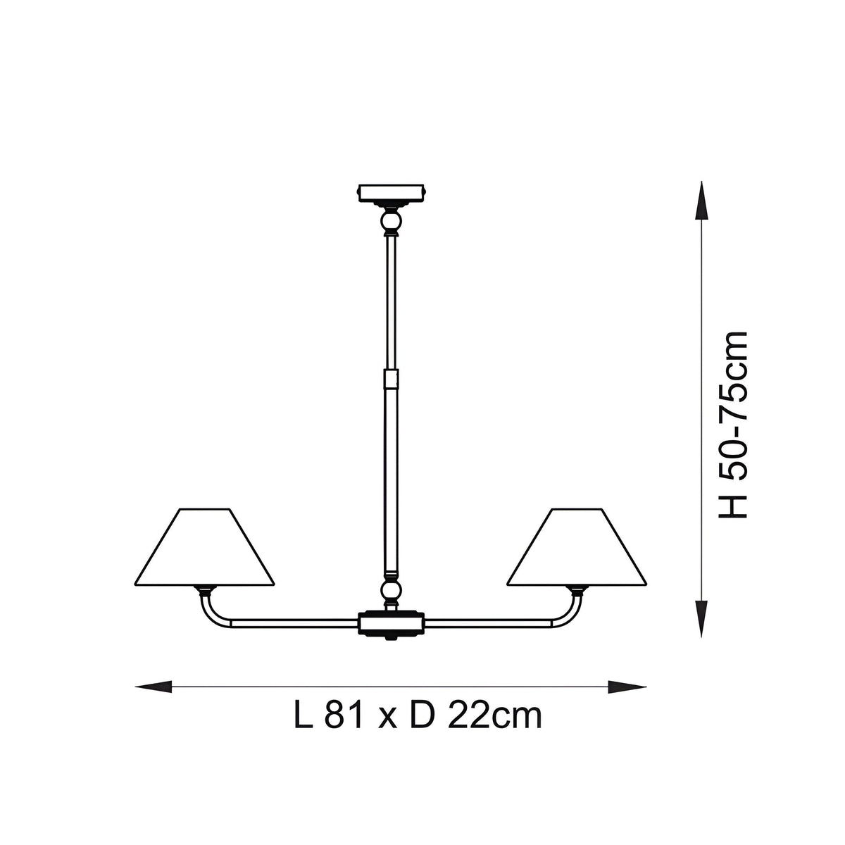 Line drawing of the Caldmere 2 Light Pendant showing brass fittings, two tapered shades, and dimensions L81 x D22cm, H50-75cm.