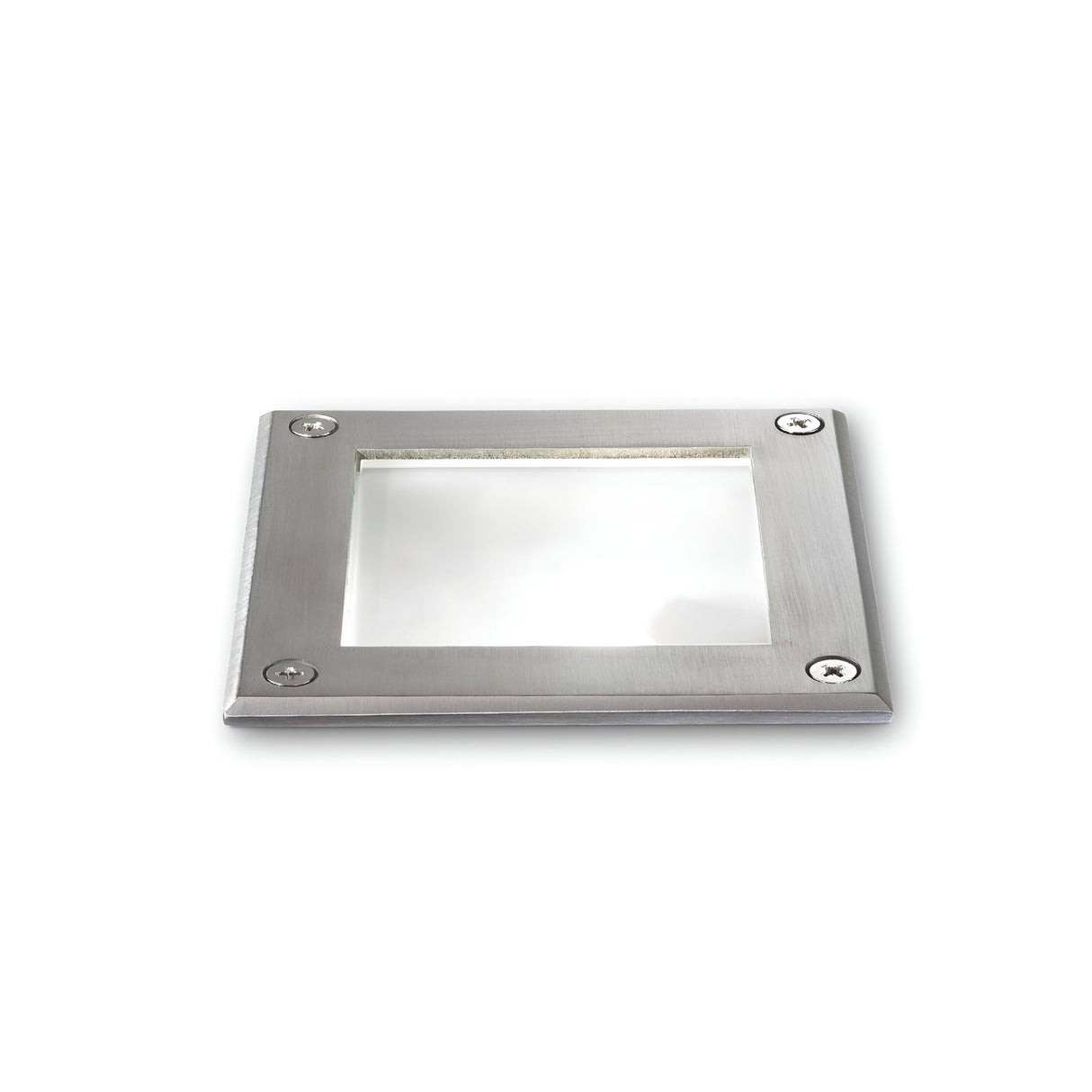 The Blazewood Recessed Outdoor Square Light in grey features a square metallic frame with a glass center, secured by four screws at each corner. Set against a plain white background, this weather-resistant fixture offers both functionality and style.