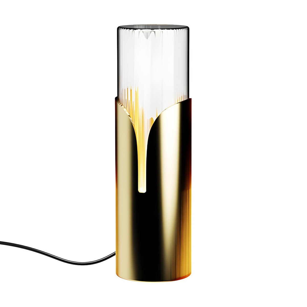 Bisel Cylinder Ribbed Glass Table Lamp in gold, slim cylindrical base with a tapered cut-out revealing a clear ribbed glass top, shown lit against a plain white background.