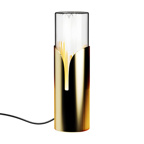 Bisel Cylinder Ribbed Glass Table Lamp in gold, slim cylindrical base with a tapered cut-out revealing a clear ribbed glass top, shown lit against a plain white background.