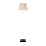 Caldmere Ikat Floor Lamp with matt black metal base and stem, topped by a pleated natural fabric shade, shown on a plain white background.