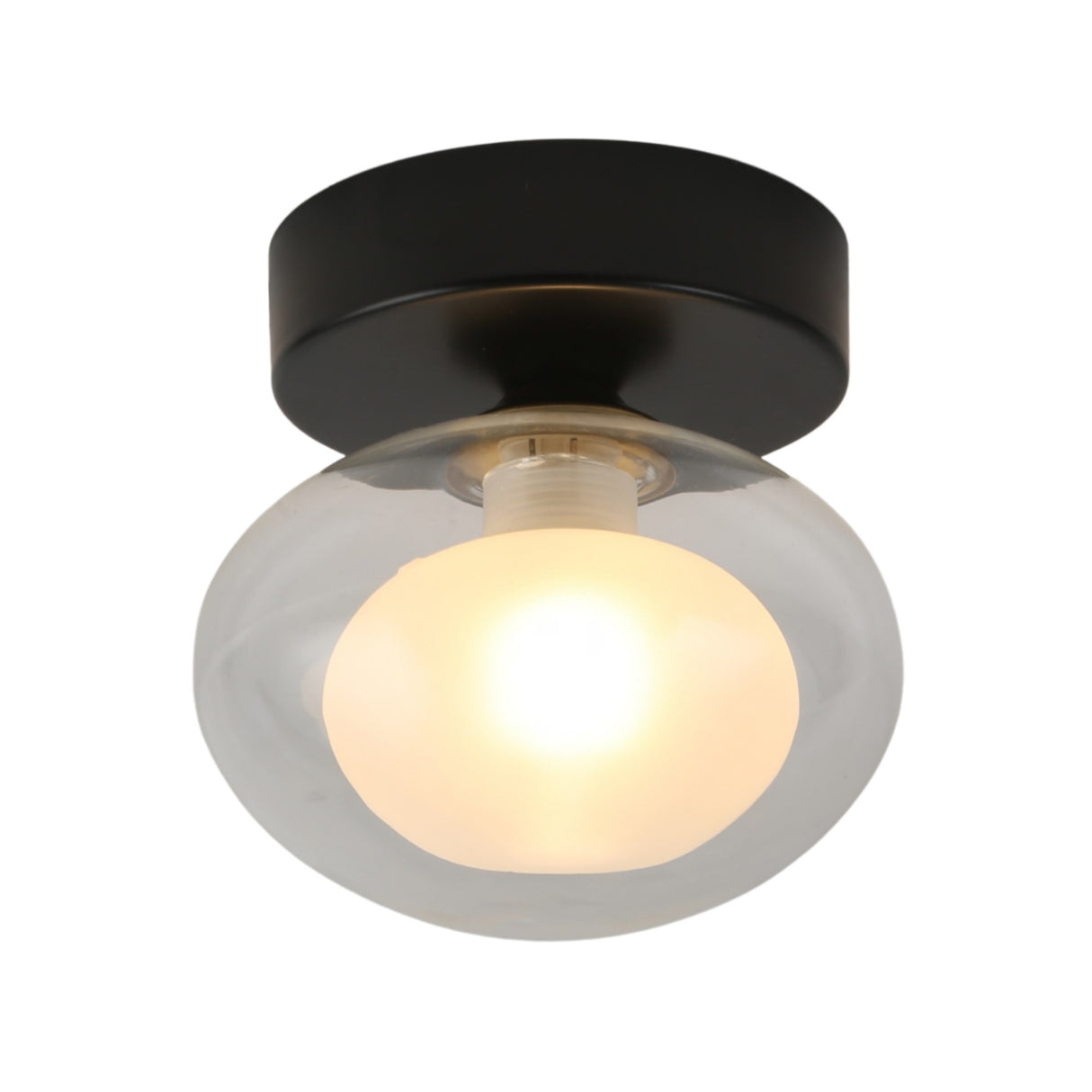 The Galaxy 1 Light Wall/Flush Ceiling Light in Black & White features a black base with a clear glass globe, housing a glowing bulb for bold, retro-inspired illumination.